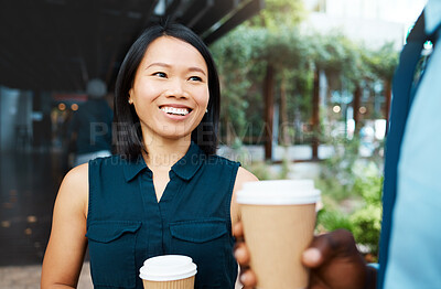 Buy stock photo Coffee, communication and Asian woman and black man in city, conversation or talking while drinking espresso. Tea, chatting and business people speaking or in discussion on a break outdoors together.