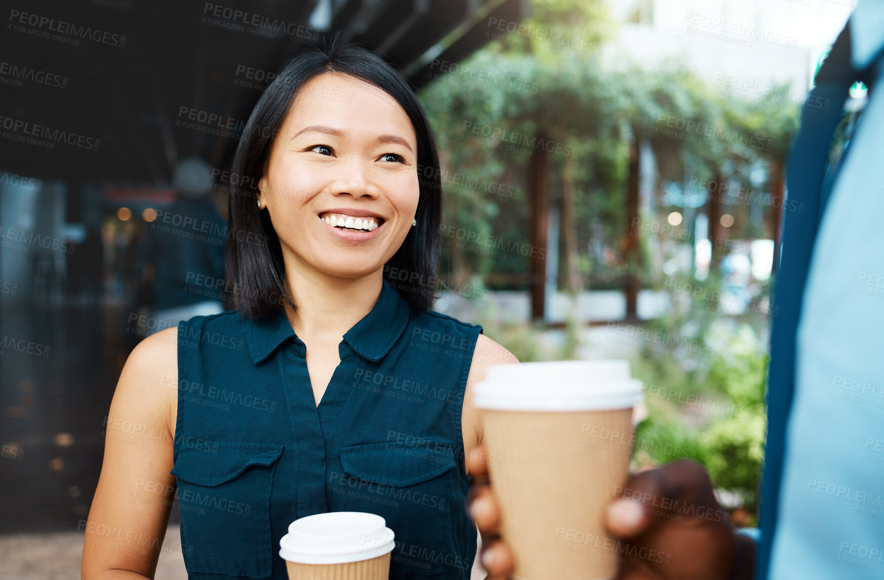 Buy stock photo Coffee, communication and Asian woman and black man in city, conversation or talking while drinking espresso. Tea, chatting and business people speaking or in discussion on a break outdoors together.