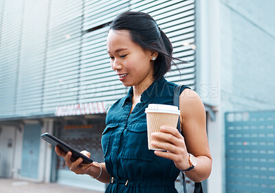 Buy stock photo Woman employee browsing phone, on office coffee break and browsing social media on smartphone. Young asian businesswoman, outside workplace and with 5g internet connection for communication