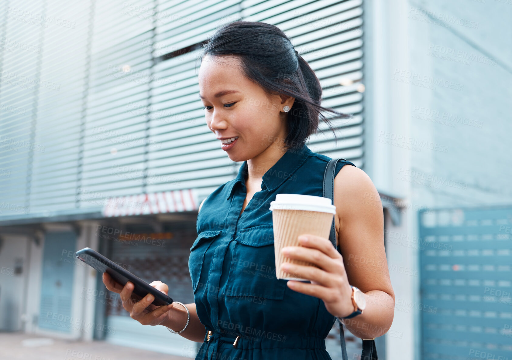 Buy stock photo Woman employee browsing phone, on office coffee break and browsing social media on smartphone. Young asian businesswoman, outside workplace and with 5g internet connection for communication