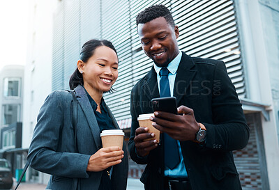 Buy stock photo Coffee, phone and businessman and woman in the city, talking or social media while drinking espresso. Chatting, tea and Asian female and black male speaking or on 5g mobile app on a break together.
