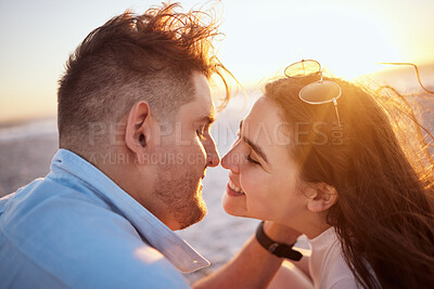 Buy stock photo Beach, smile and face of couple with embrace on holiday by the sea and nature travel in Greece in summer. Happy and love man and woman at the ocean during sunset with affection on vacation together