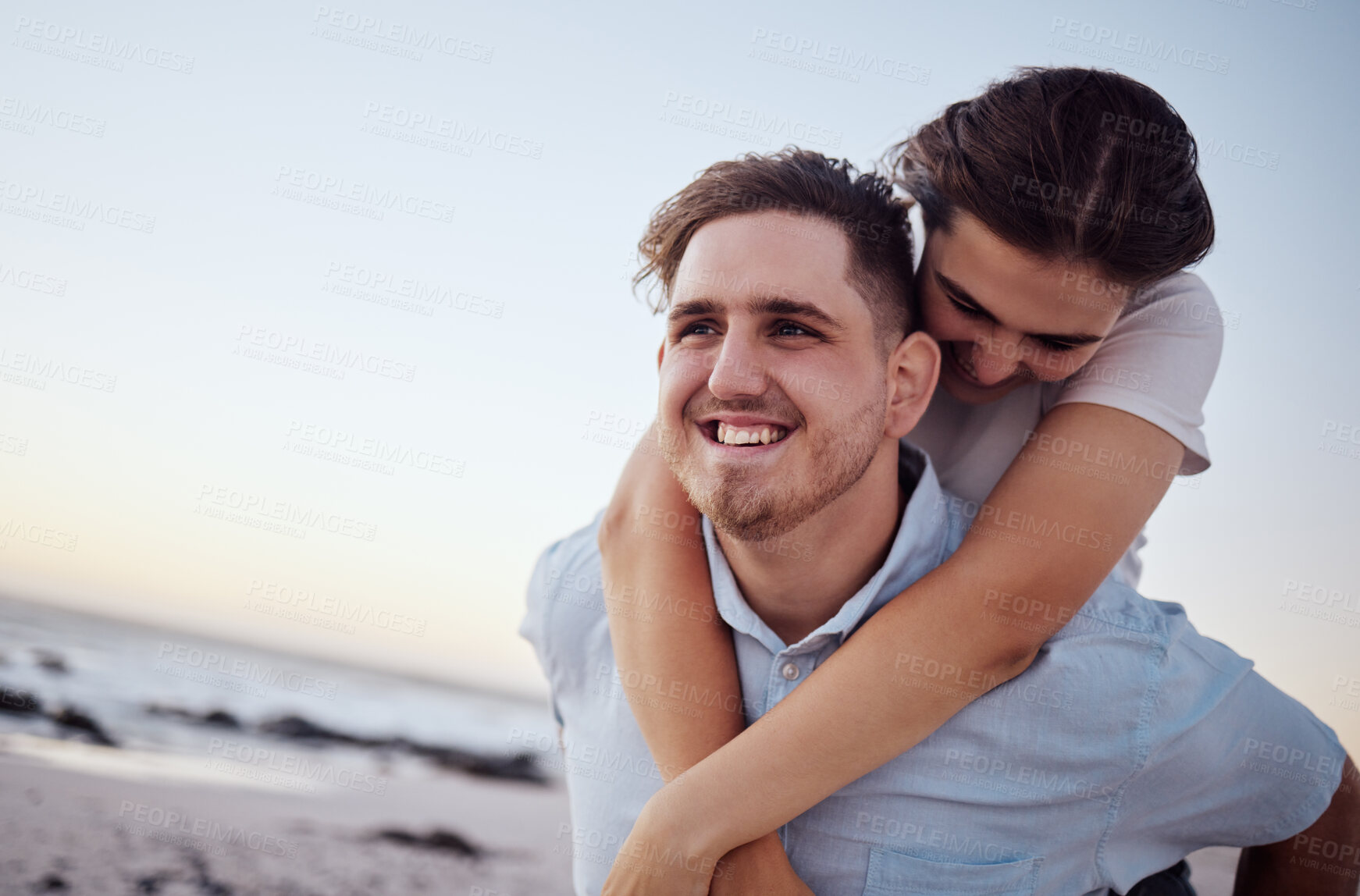 Buy stock photo Love, happy and couple have beach fun bonding, relax and enjoy romantic quality time together on sand. Mockup, vacation peace and smile from young man and woman on freedom holiday in Sydney Australia