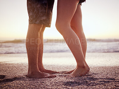 Buy stock photo Summer, love and beach with legs of couple at sunset together for support, travel and happy on Miami vacation. Goals, vision and relax with man and woman on holiday for trust, date and nature