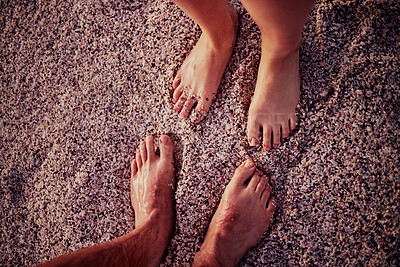 Buy stock photo Couple, feet and beach on wet sand for calm, relax and travel on summer vacation together in nature. Toes of people in relationship on sandy ocean for holiday traveling in the outdoors of Costa Rica