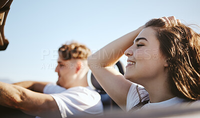 Buy stock photo Love, couple and in car on road trip while travel, adventure and enjoy summer wind being romantic, smile and happy together. Romance, man and woman on vacation, holiday or fun while relax or bonding