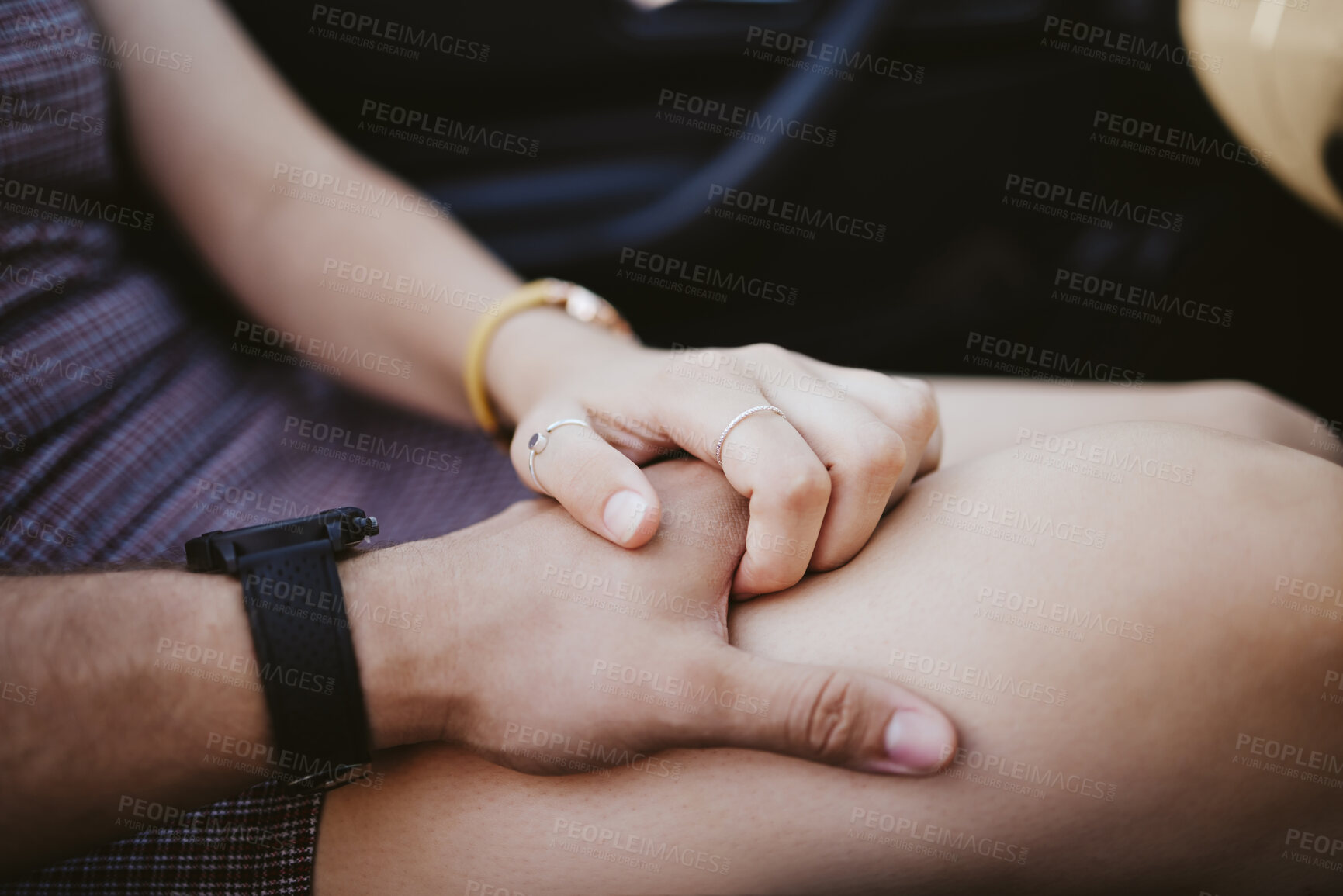 Buy stock photo Couple, holding hands and love with bonding in trust, safety or security in mental health, depression or anxiety support. Zoom, man and woman in unity, solidarity and happy marriage in holiday travel