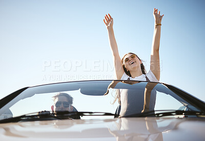 Buy stock photo Summer, freedom and travel with couple in car for road trip adventure together for holiday, happy and transportation. Smile, lifestyle and vacation with woman and man driving for love and journey