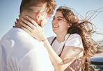 Road trip, couple and happy to travel with love and adventure together on summer vacation, hugging and smile. Young man and woman, romantic getaway and affection, intimacy and carefree in nature.