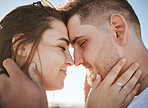 Embrace, love and couple in nature with smile for marriage and holiday in Australia together during summer. Face of man and woman embracing with affection, care and happiness on a date or vacation