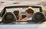 Car, travel and couple together on a road trip stop by a beach to spend quality time. Holiday transport break of a girlfriend and boyfriend smile with love, happiness and vacation gratitude outdoor 