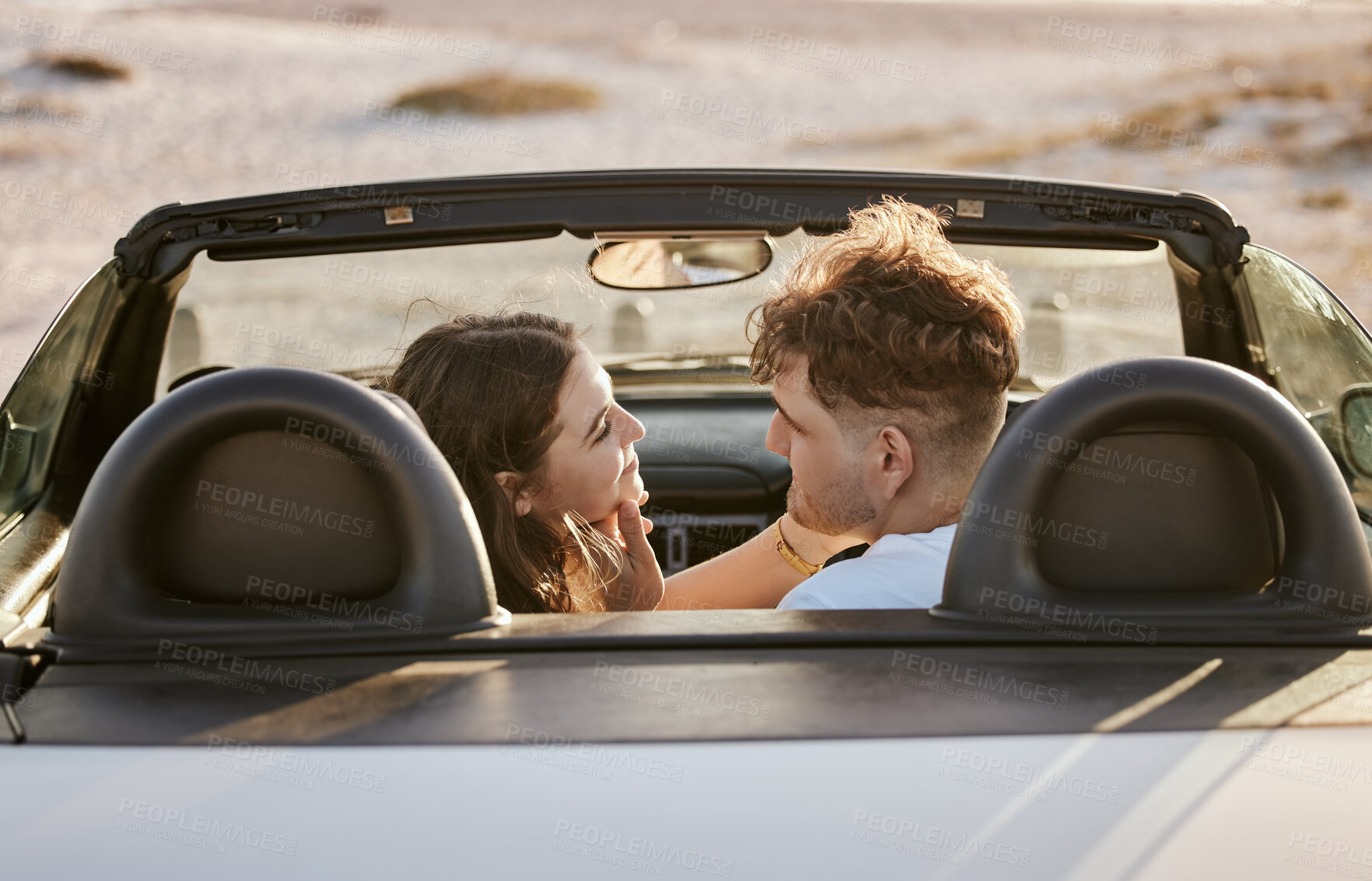 Buy stock photo Car, travel and couple together on a road trip stop by a beach to spend quality time. Holiday transport break of a girlfriend and boyfriend smile with love, happiness and vacation gratitude outdoor 