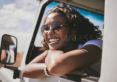 Buy stock photo Black woman, happy road trip and car travel of a person sitting in a motor ready for a summer vacation. Transport traveling of a female from Jamaica with happiness and smile feeling fun in the sun