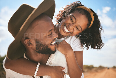 Buy stock photo Happy, love and summer hug of a couple together with quality time in nature. Black people with happiness and a smile embracing travel, summer and the blue sky feeling relationship gratitude outdoor