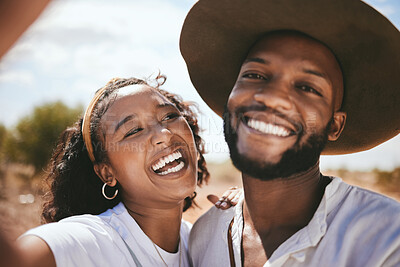 Buy stock photo Couple, selfie and happy black people together in nature with a smile outdoor. Portrait of a girlfriend and boyfriend with happiness and relationship love gratitude smiling on a summer day walking