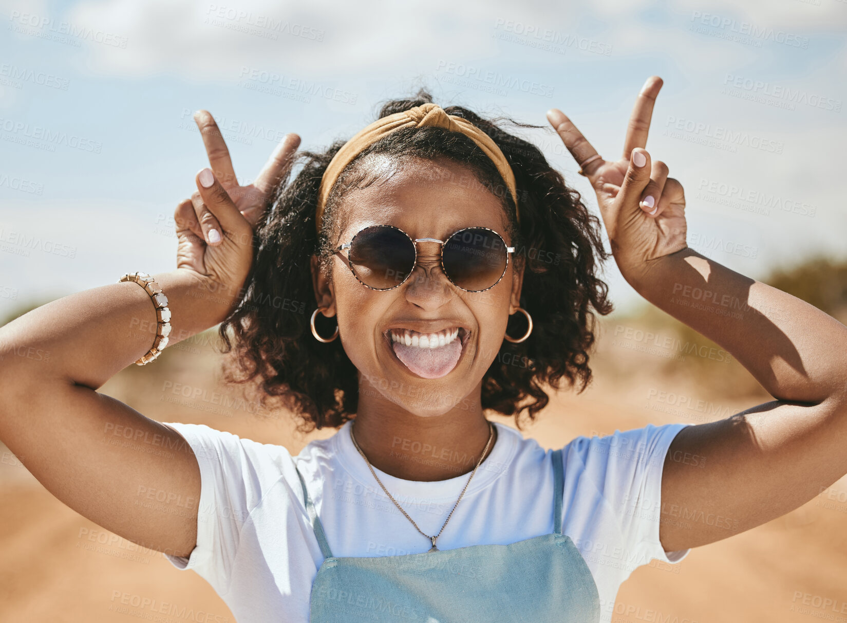 Buy stock photo Peace, portrait and happy gen z girl on summer holidays, vacation or having fun on a weekend outdoors. Freedom, traveling and young woman with cool, trendy and swag with a v hand sign in Las Vegas