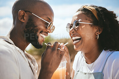 Buy stock photo Summer, love and couple share a drink on Mexico vacation together for travel, happy and relax in nature. Romance, lifestyle and smile with man and woman drinking with straw for date, care and trip