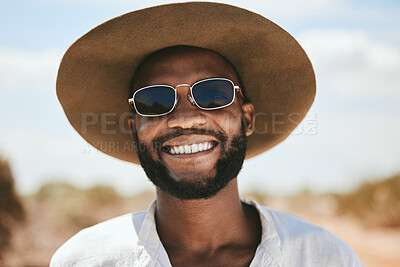 Buy stock photo Happy man, portrait and safari travel outdoors for vacation, holiday and adventure to explore in South Africa. Face, smile and young black person hat, sunglasses and cool fashion for summer tourism