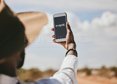 Buy stock photo Black man, phone and lost network signal in nature environment, safari landscape and wild location. Hands, 5g mobile technology or gps travel map app in national park help search for confused tourist