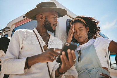 Buy stock photo Road trip, confused and lost couple search location on internet with 5g smartphone for journey, travel and holiday safari vacation. Black people friends check cellphone for guide website information