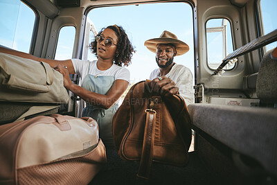 Buy stock photo Black couple, travel and packing for road trip, journey or adventure with bags together. Happy African American man and woman pack for traveling in summer vacation, holiday or break in Mexico