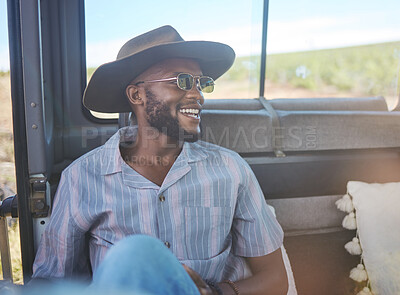 Buy stock photo Comic, happy and black man on a road trip in van during holiday on the countryside of California. Thinking, relax and free person with smile in car during vacation in nature for travel and adventure