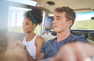 Buy stock photo Road trip, caravan and couple on a journey countryside, safari adventure, or travel vacation and relax in summer. Young diversity people or friends in a motor car journey together for a nature date