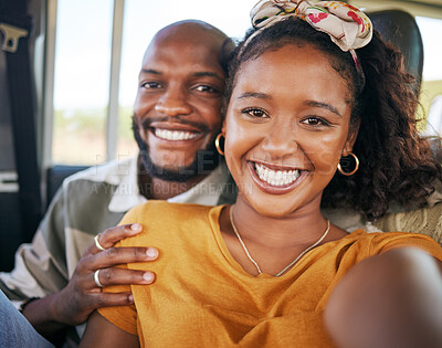 Buy stock photo Selfie, road trip and couple with a black woman and man on a car during a holiday or vacation together. Happy, relax and love with a young male and female in a vehicle for romance and bonding