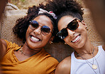 Woman, relax and friends smile for selfie together in happiness with glasses for joyful friendship. Happy black women relaxing for summer vacation or break smiling for fun adventure with friend