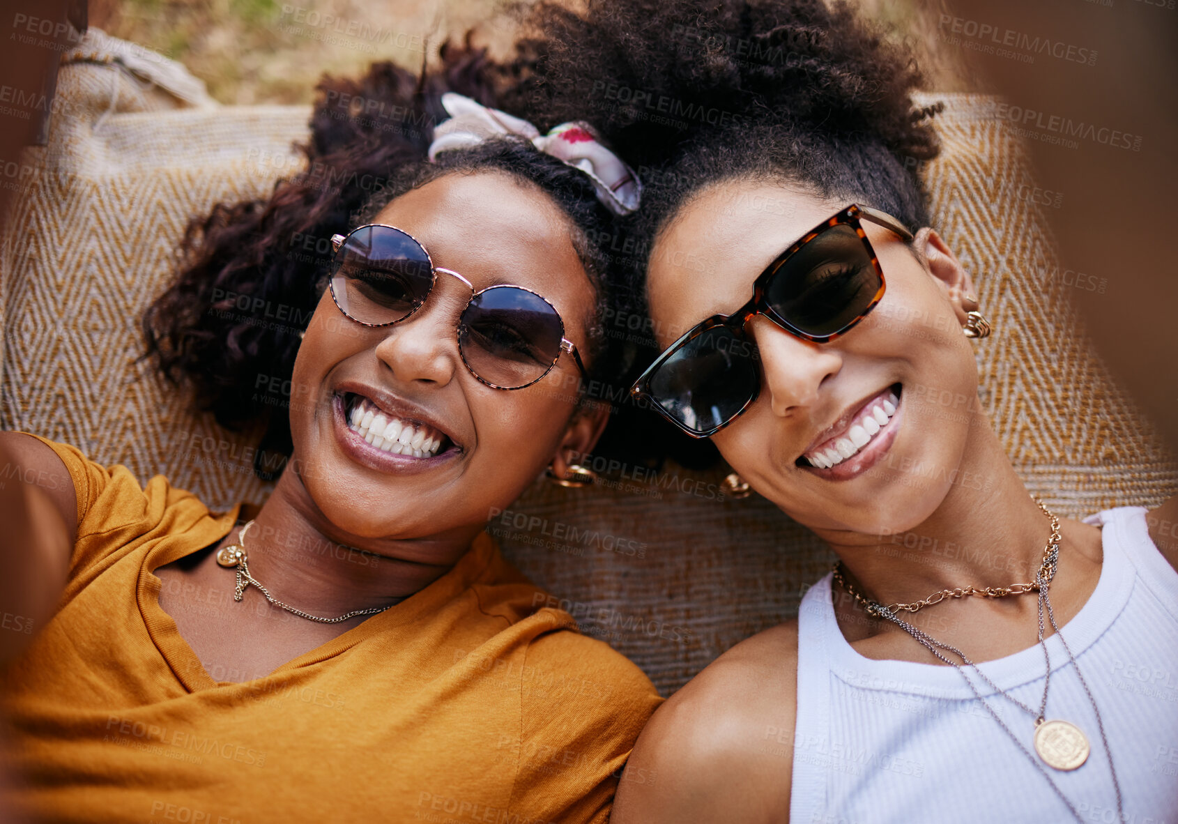 Buy stock photo Woman, relax and friends smile for selfie together in happiness with glasses for joyful friendship. Happy black women relaxing for summer vacation or break smiling for fun adventure with friend