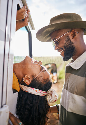 Buy stock photo Love, adventure and couple in car with smile on face. Travel, road trip and happy black man with black woman on summer holiday vacation in countryside to explore nature, have fun and journey together