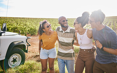 Buy stock photo Diversity, friends happy and on road trip, vacation and talk while smile, relax and laugh casual outdoor. Travelling, social group and students enjoy countryside holiday, break or travelling together