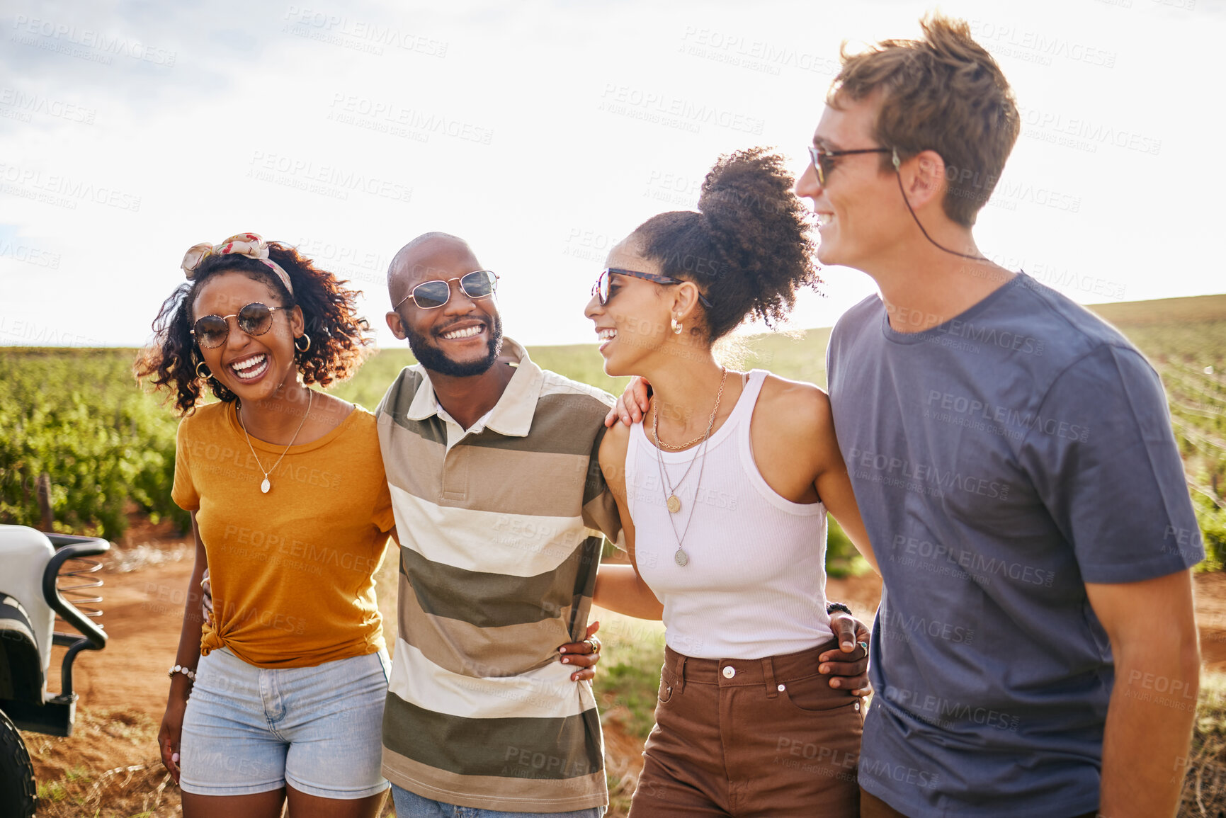 Buy stock photo Summer, adventure and portrait of friends in nature on holiday, enjoying roadtrip. Vacation, freedom and young multicultural group smiling in countryside. Travel, explore and happy people on journey