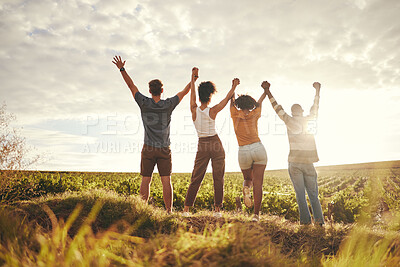 Buy stock photo Farm, celebration and sustainability people holding hands for teamwork, earth day and growth goal achievement. Group friends celebrate ecology, farming or countryside agriculture travel in sunset