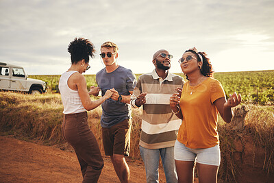 Buy stock photo Diversity, friends and dance outdoor on holiday, vacation and relax together on dirt road trip in countryside. Group, students happy and travelling in summer for getaway or fun weekend away as couple
