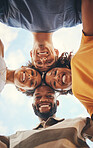 Circle, friends and portrait of happy group of people with smile on their face, having fun. Diversity, friendship and summer adventure selfie looking down, support in multicultural team on holiday