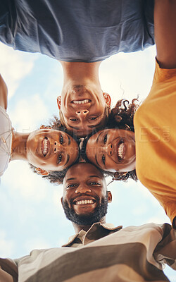 Buy stock photo Circle, friends and portrait of happy group of people with smile on their face, having fun. Diversity, friendship and summer adventure selfie looking down, support in multicultural team on holiday