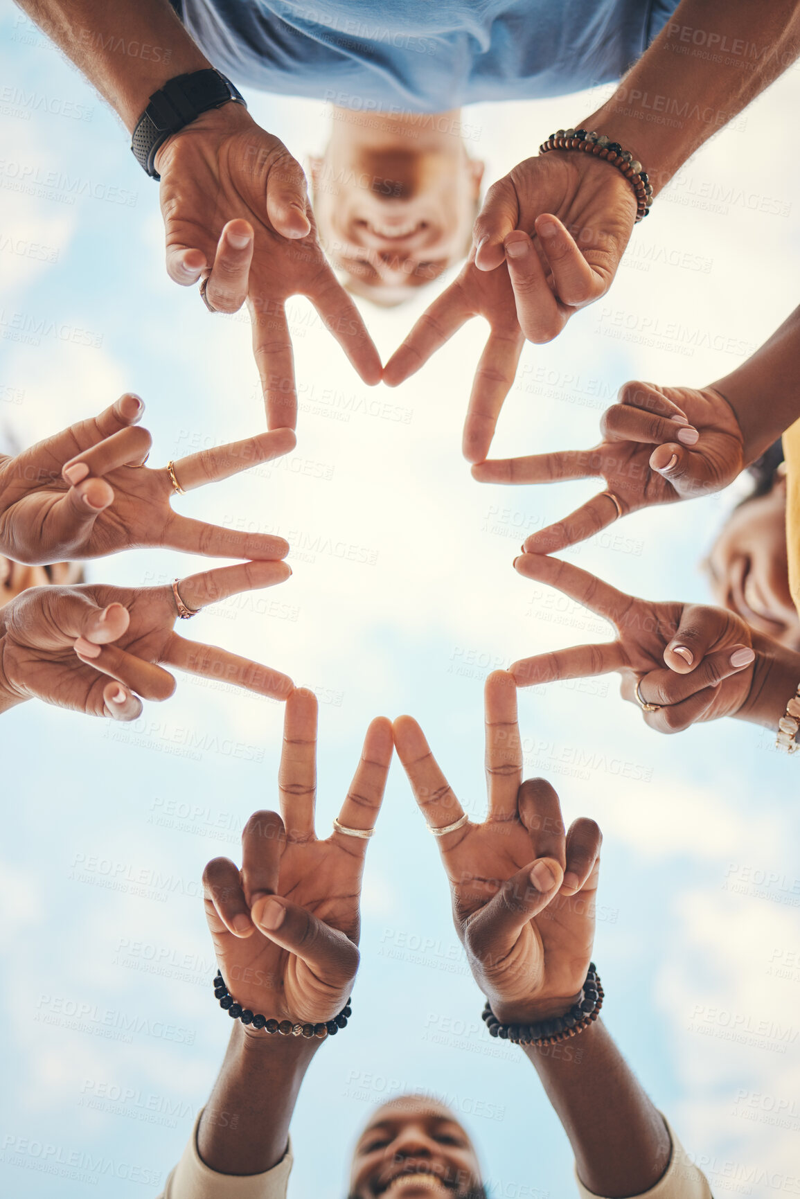 Buy stock photo Group hands, star finger and support, freedom and motivation on blue sky background. Closeup teamwork friends below frame v sign, connection and link of creative solidarity, hope vote and peace trust