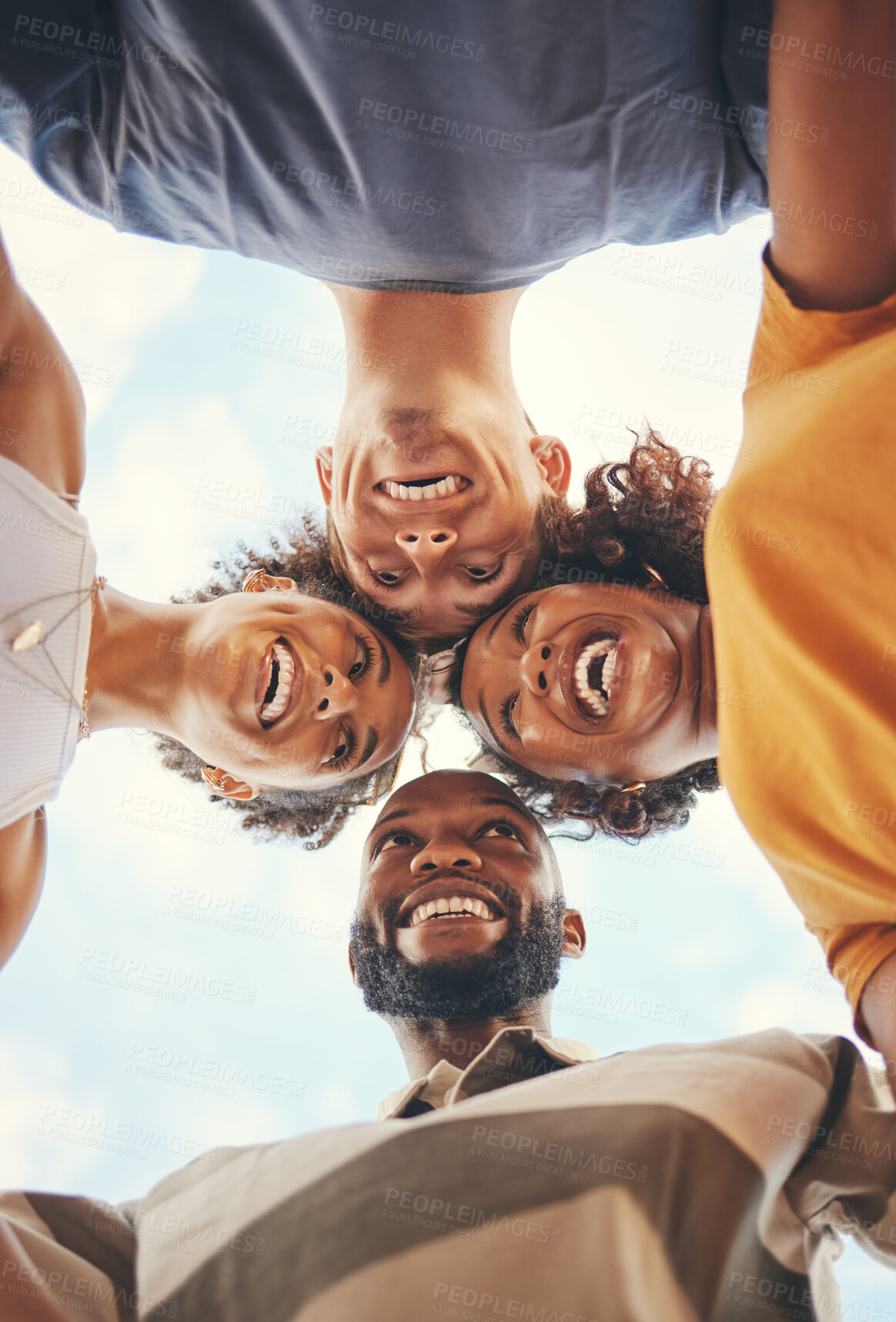 Buy stock photo Friends, travel and freedom of happy people showing trust, smile and support in huddle below nature sky on adventure for fun and joy outdoors. Diversity men and women travelers free on summer holiday