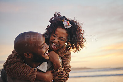 Buy stock photo Love, travel and fun couple at beach enjoying summer vacation or honeymoon at sunset with a piggy back ride while being playful. Laughing, energy and seaside holiday with black man and woman together