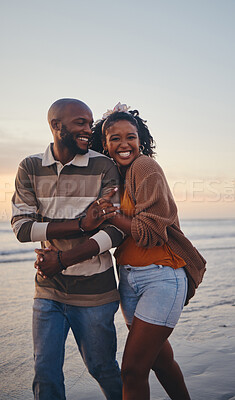 Buy stock photo Happy, black couple, love and beach with smile for vacation in relationship together in the outdoors. African American man and woman enjoying bonding time on a ocean coast walk in South Africa