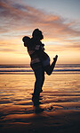 Silhouette couple, sunset beach love and hug on honeymoon, summer tropical vacation and anniversary date together in Maldives. Shadow of man, woman and happy people, ocean holiday and freedom support