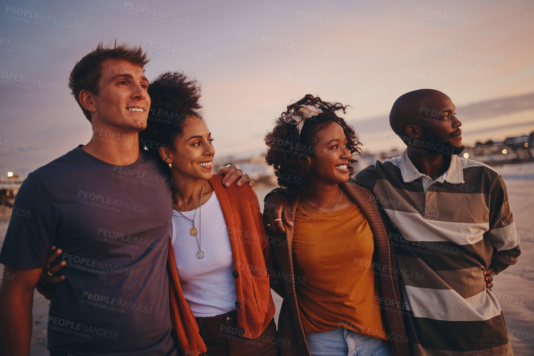 Buy stock photo Friends group at sunset, travel and adventure together at the beach, bonding during summer and traveling lifestyle. Happy, diverse young people on holiday with view, trust and support in outdoors.