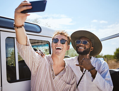 Buy stock photo Friends, men and road trip phone selfie outdoor, vacation or holiday bonding together. Safari, diversity and people smile, call me hand by car, happy memory on 5g mobile or social media picture post.
