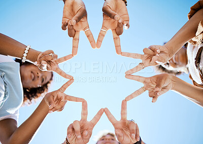 Buy stock photo Friends, hands and star sign by volunteer group in support of environment cleaning project in summer from below. Peace, collaboration and teamwork by happy people gathering to help community cleanup