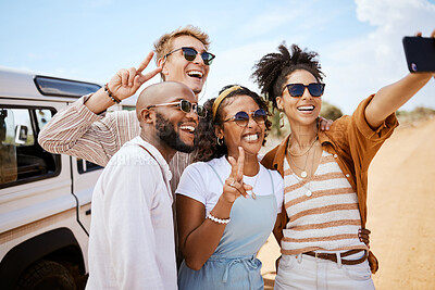 Buy stock photo Travel, friends and peace selfie on smartphone for South African safari bonding memory together. Holiday people in diverse friendship capture memories on road adventure with mobile photograph.

