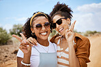 Nature, peace sign and friends with smile on holiday at safari together for travel during summer. Portrait of African women on vacation in the desert of Africa for adventure with love and happiness