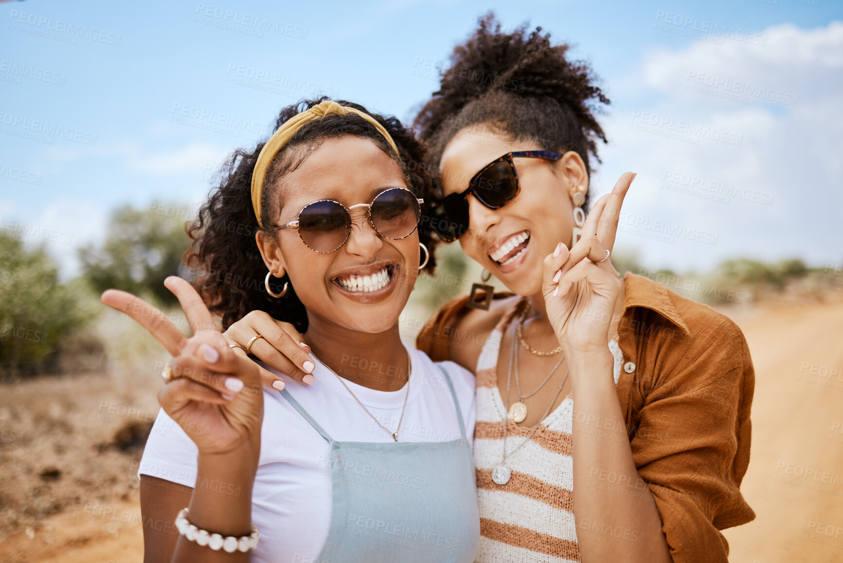 Buy stock photo Nature, peace sign and friends with smile on holiday at safari together for travel during summer. Portrait of African women on vacation in the desert of Africa for adventure with love and happiness