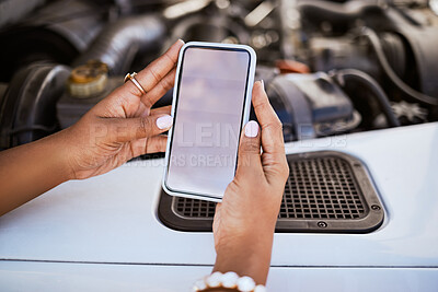 Buy stock photo Phone, mockup, with hand of black woman and communication and networking with car service for emergency. Search mobile app, empty and smartphone 5g technology to contact us and with internet access.