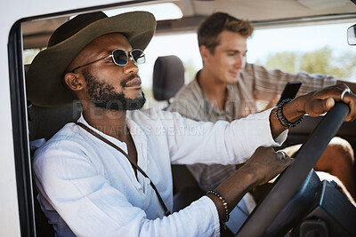 Buy stock photo Travel, road trip and men driving with smartphone for online guide or direction in countryside holiday, journey and a vacation summer. Black man, friends or couple drive in car or van with 5g network